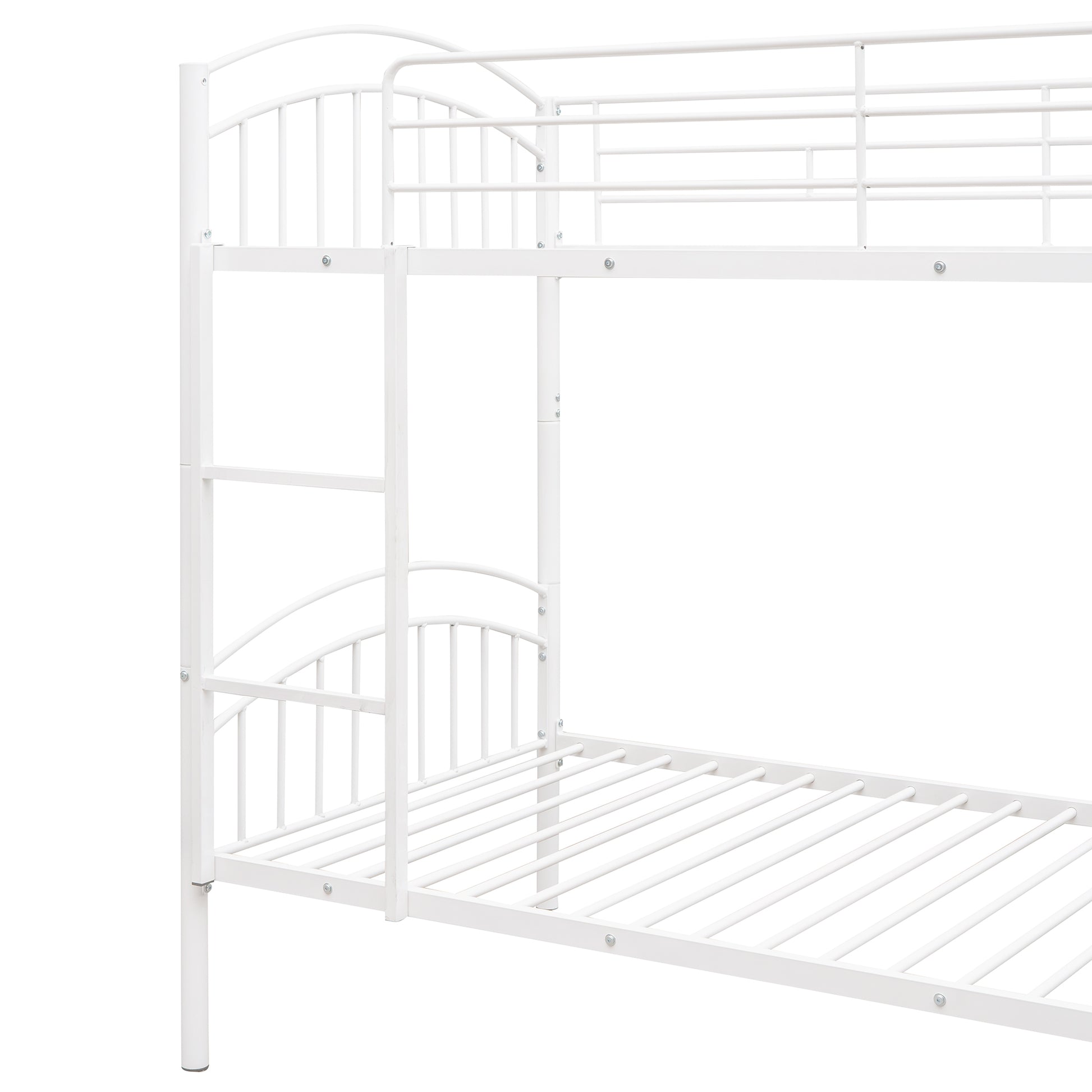 White metal bunk bed frame with arched headboards and side rails
