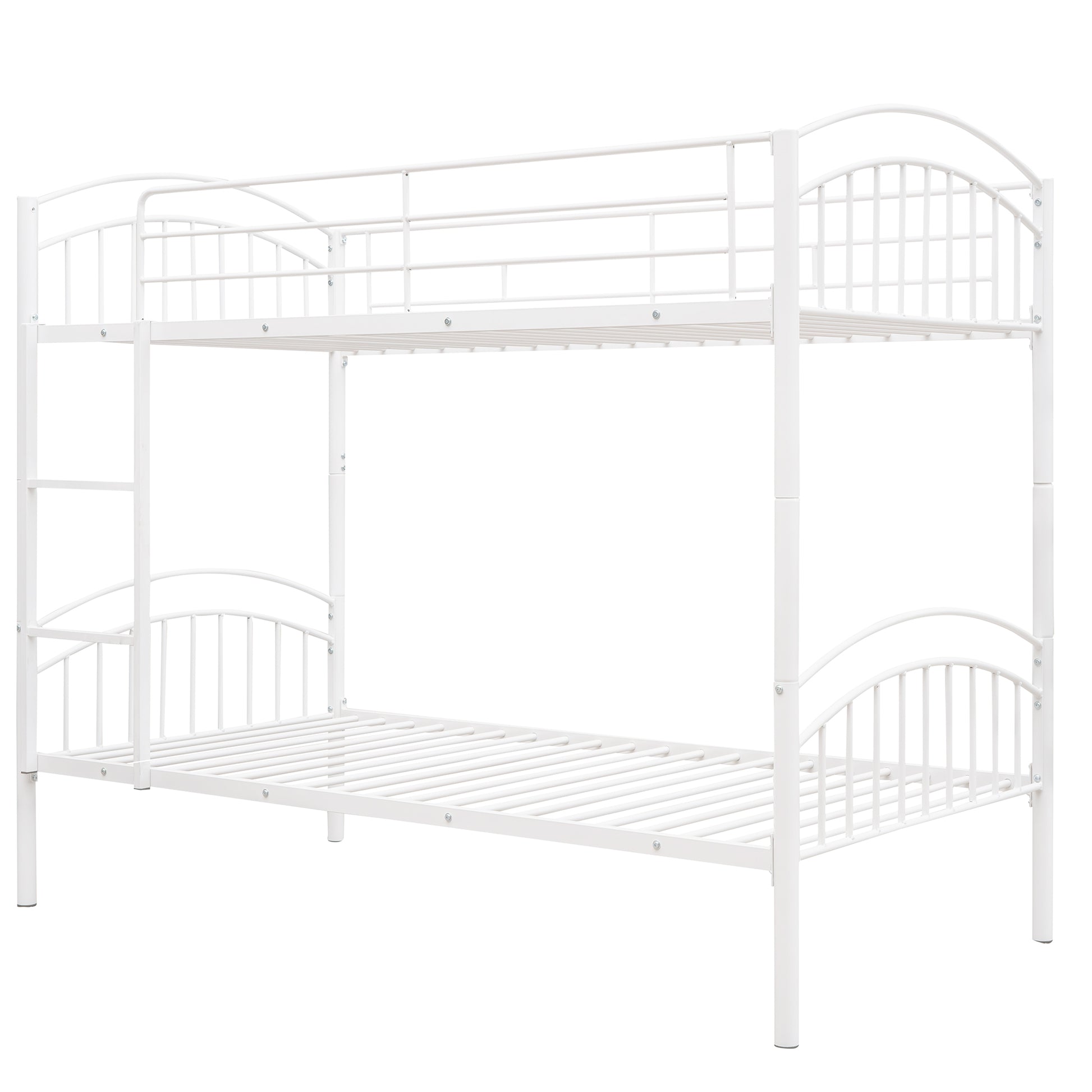 White metal twin over twin bunk bed with arched headboards