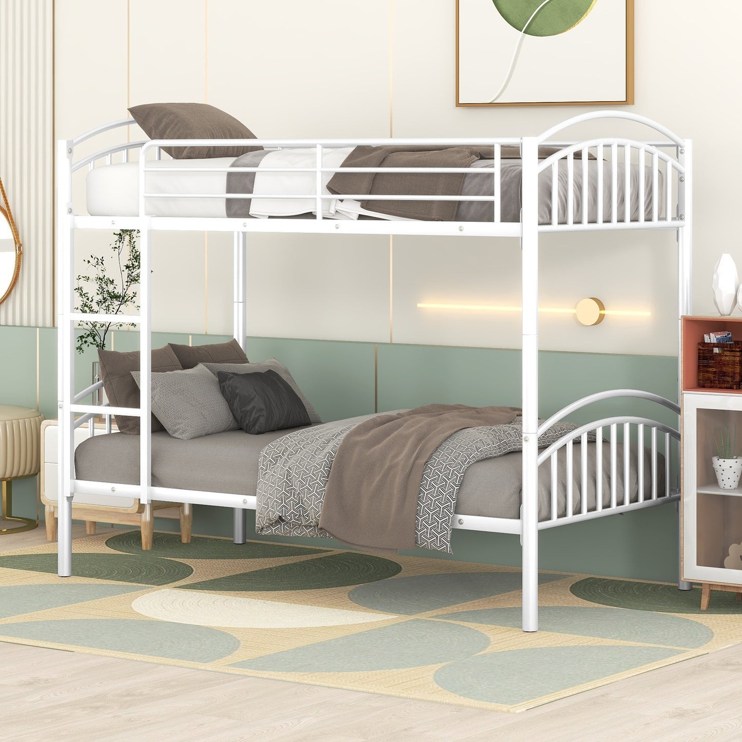 White metal twin over twin bunk bed with rounded accents and slatted headboards