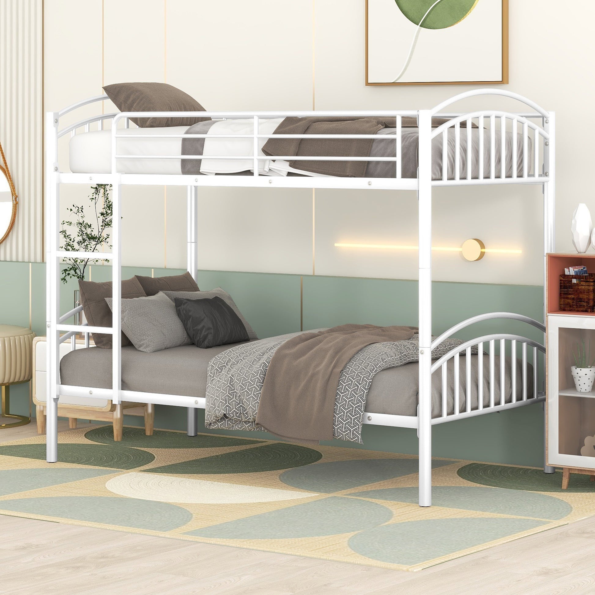 White metal twin over twin bunk bed with rounded accents and slatted headboards