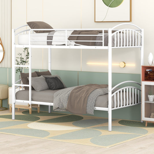 White metal twin over twin bunk bed with rounded accents and slatted headboards