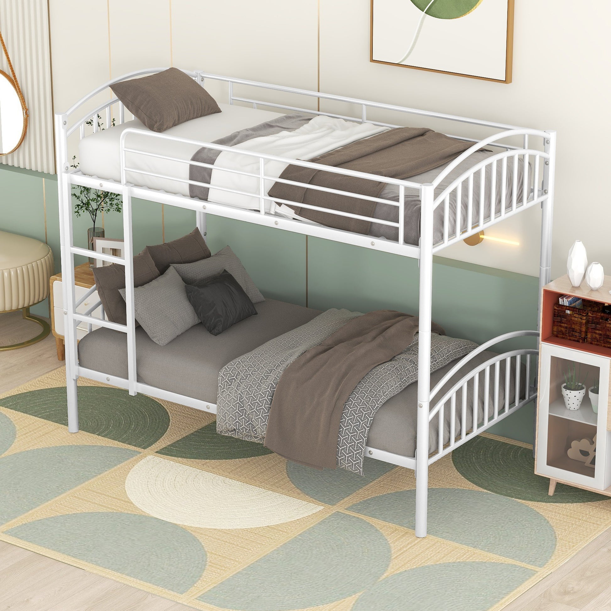 White metal bunk bed with arched headboards and footboards