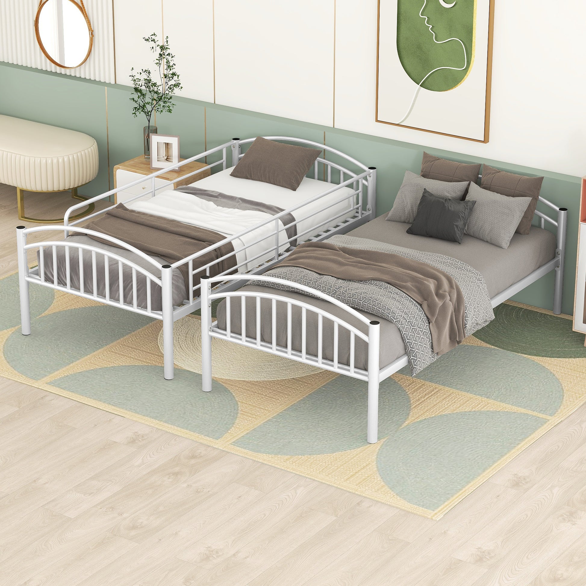White metal twin bunk bed with guardrails