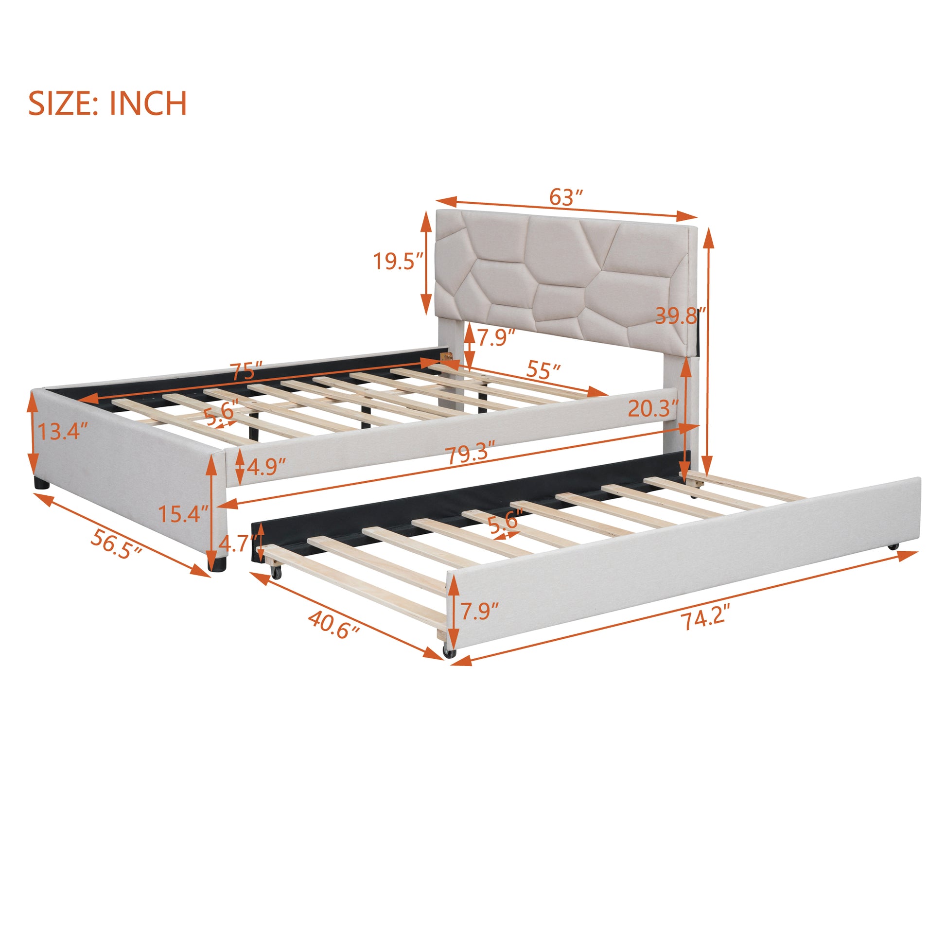 Beige upholstered twin bed with pullout trundle and geometric headboard