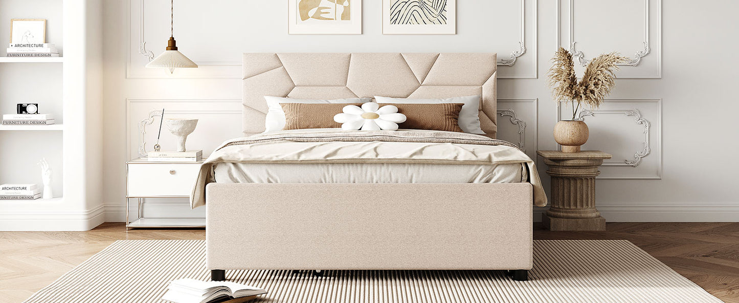 Beige upholstered geometric headboard bed with plush pillows