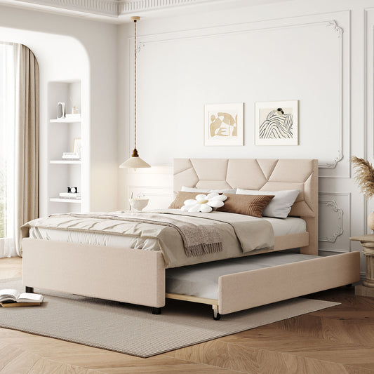 Beige upholstered twin daybed with pullout trundle