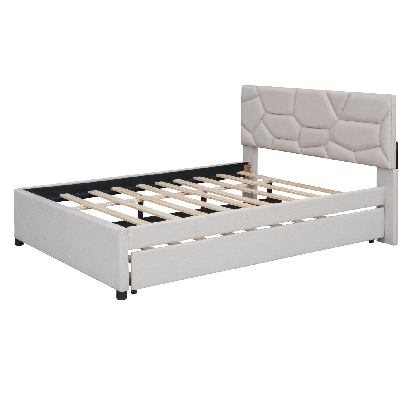Upholstered platform bed frame in light beige with geometric headboard detail