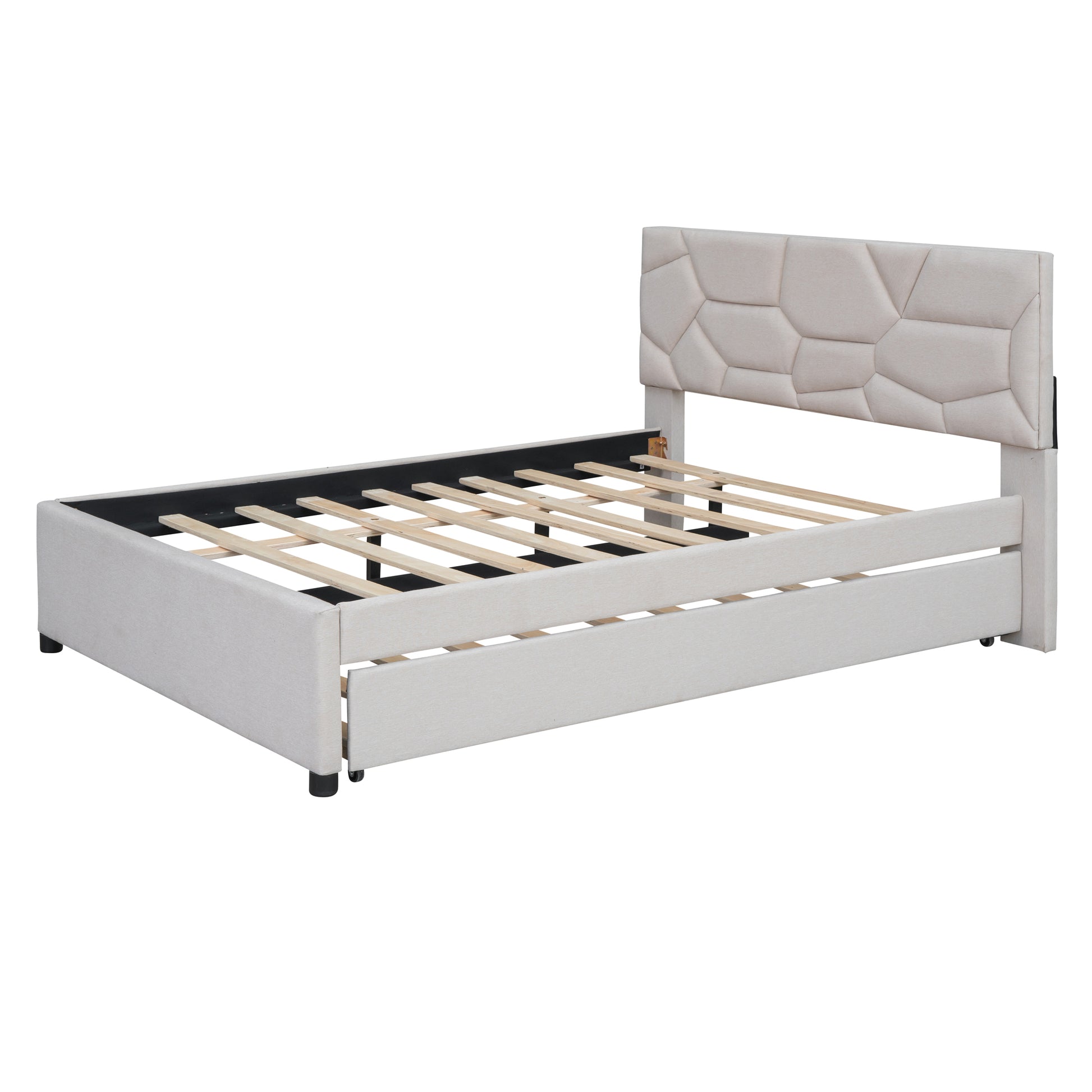 Upholstered platform bed frame in light beige with geometric headboard detail