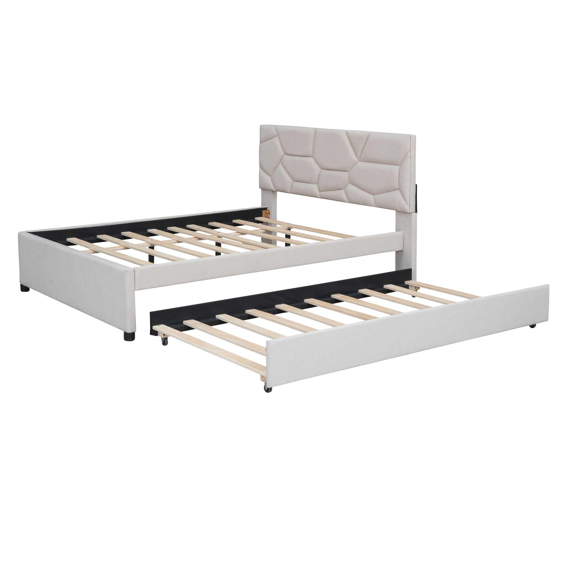 Upholstered twin bed frame in light beige with geometric headboard and pullout trundle