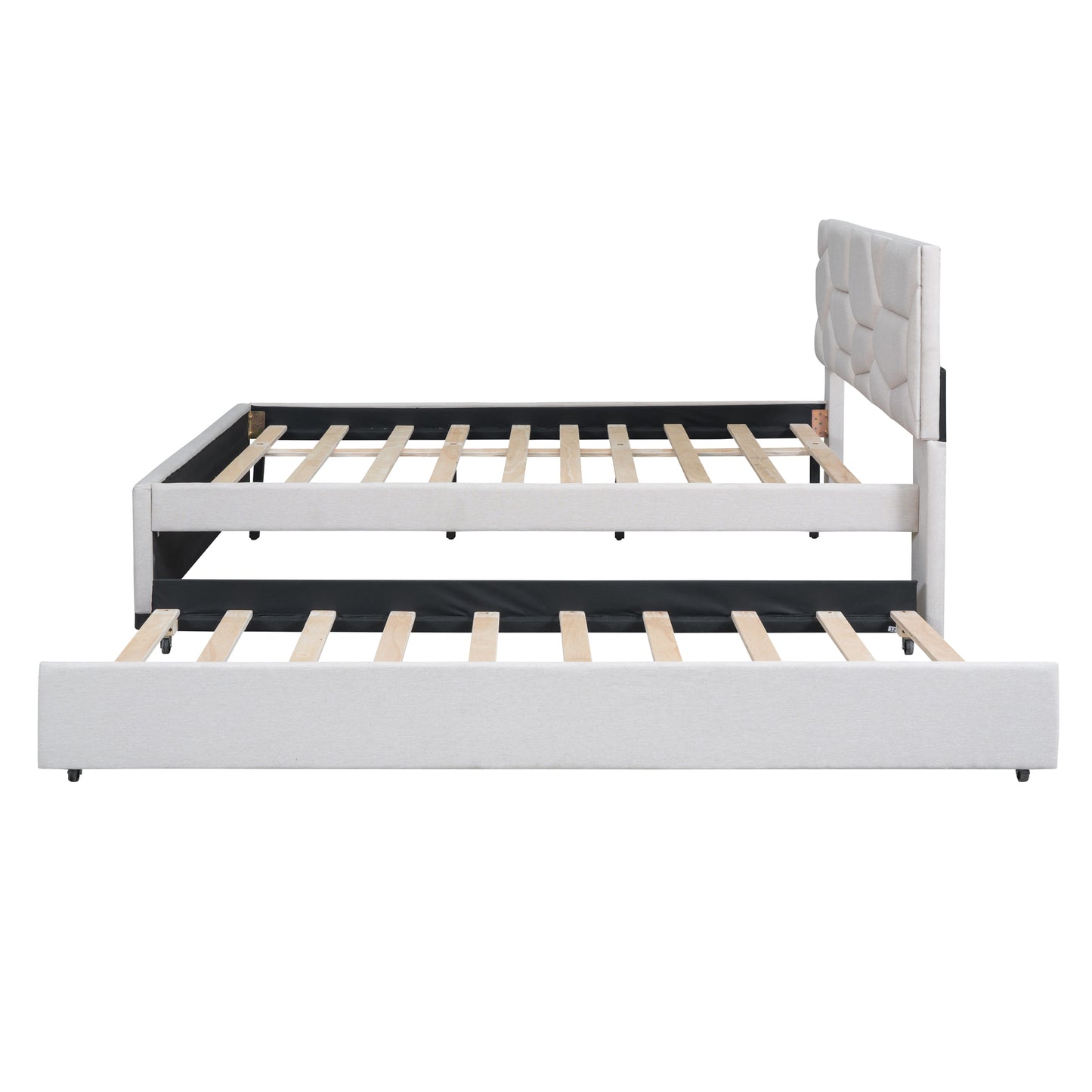 Light grey upholstered twin trundle bed frame with buttontufted headboard and slatted supports