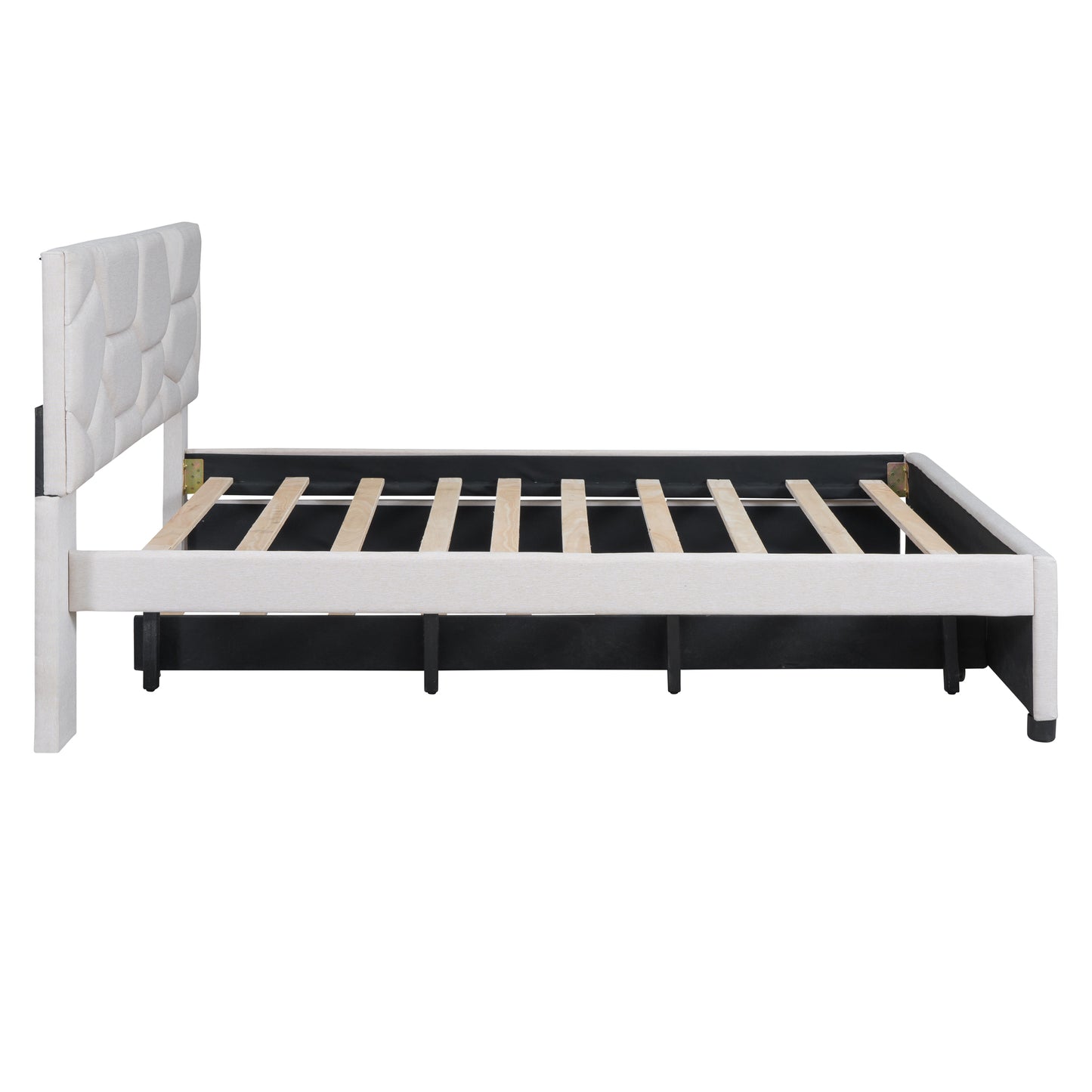 Textured cream upholstered bed frame with wood slats and headboard