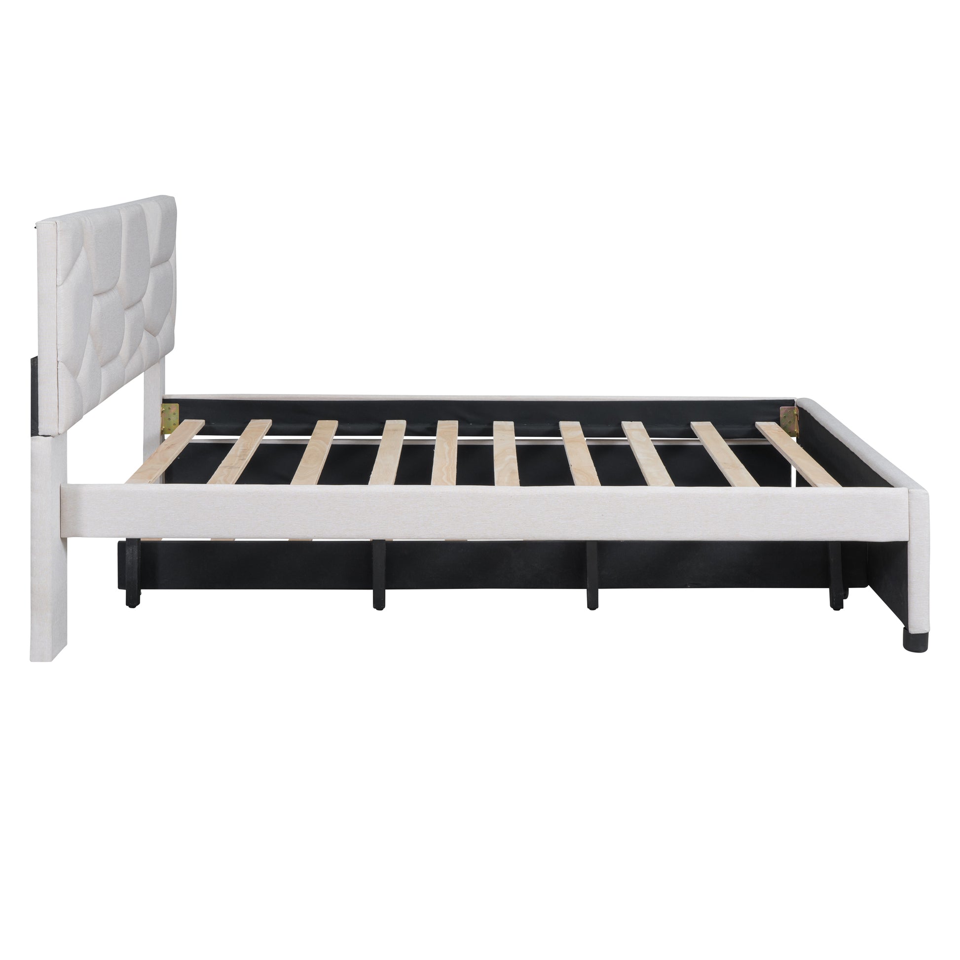 Textured cream upholstered bed frame with wood slats and headboard