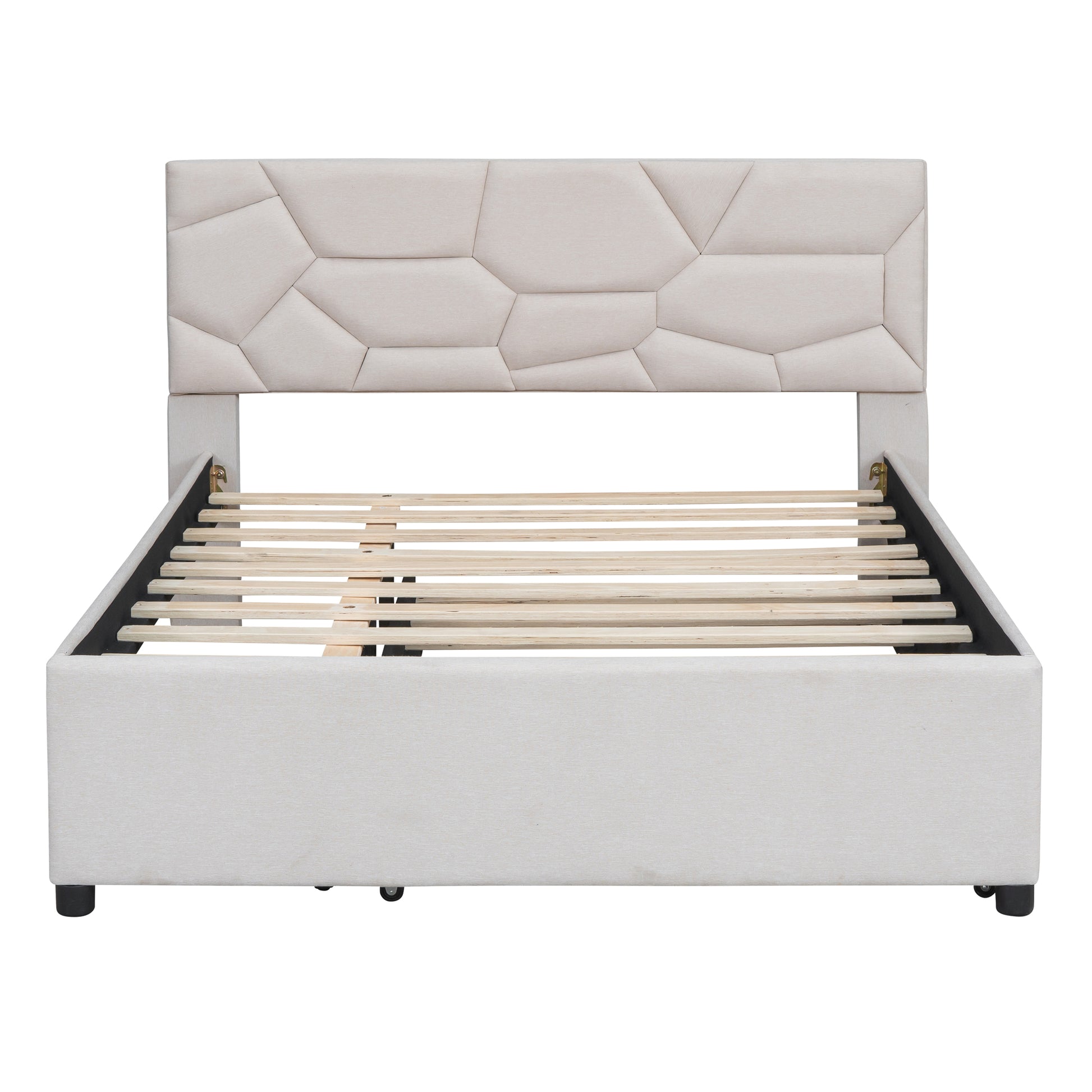 Upholstered platform bed in light beige with geometric headboard and wood slats