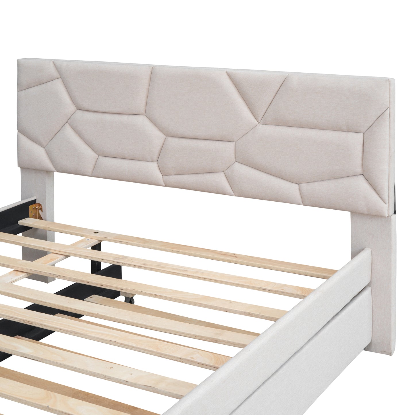 Upholstered bed frame with geometric beige headboard and wooden slats