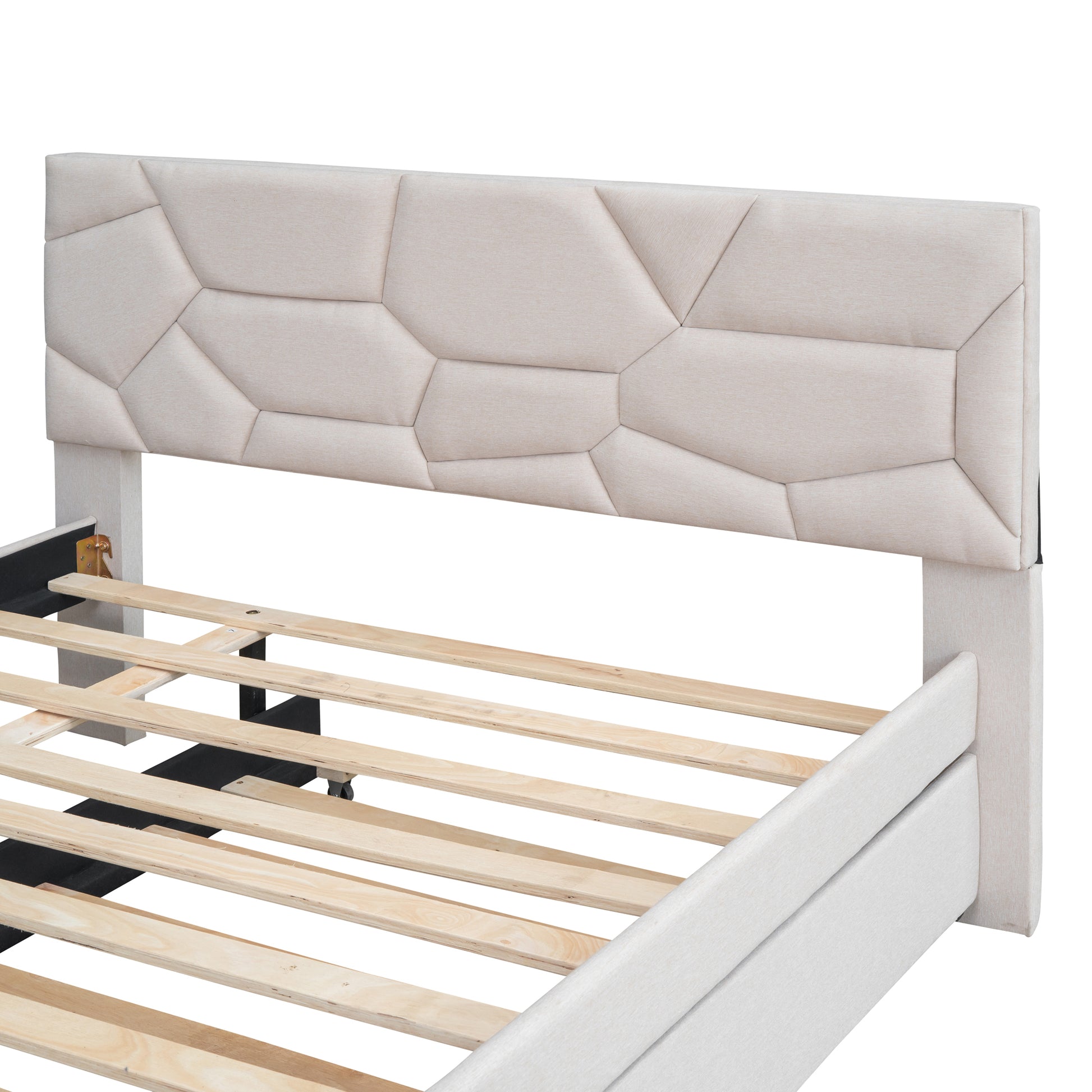 Upholstered bed frame with geometric beige headboard and wooden slats