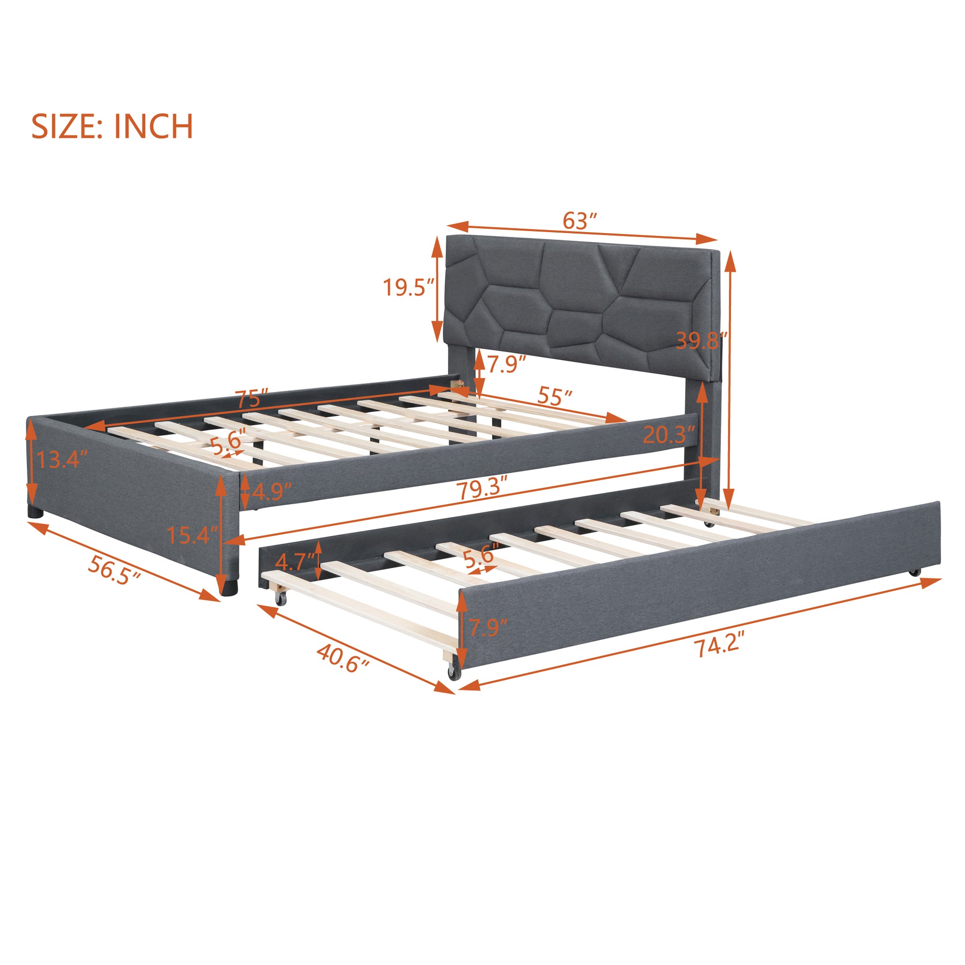 Gray upholstered bed frame with pullout trundle and detailed dimensions