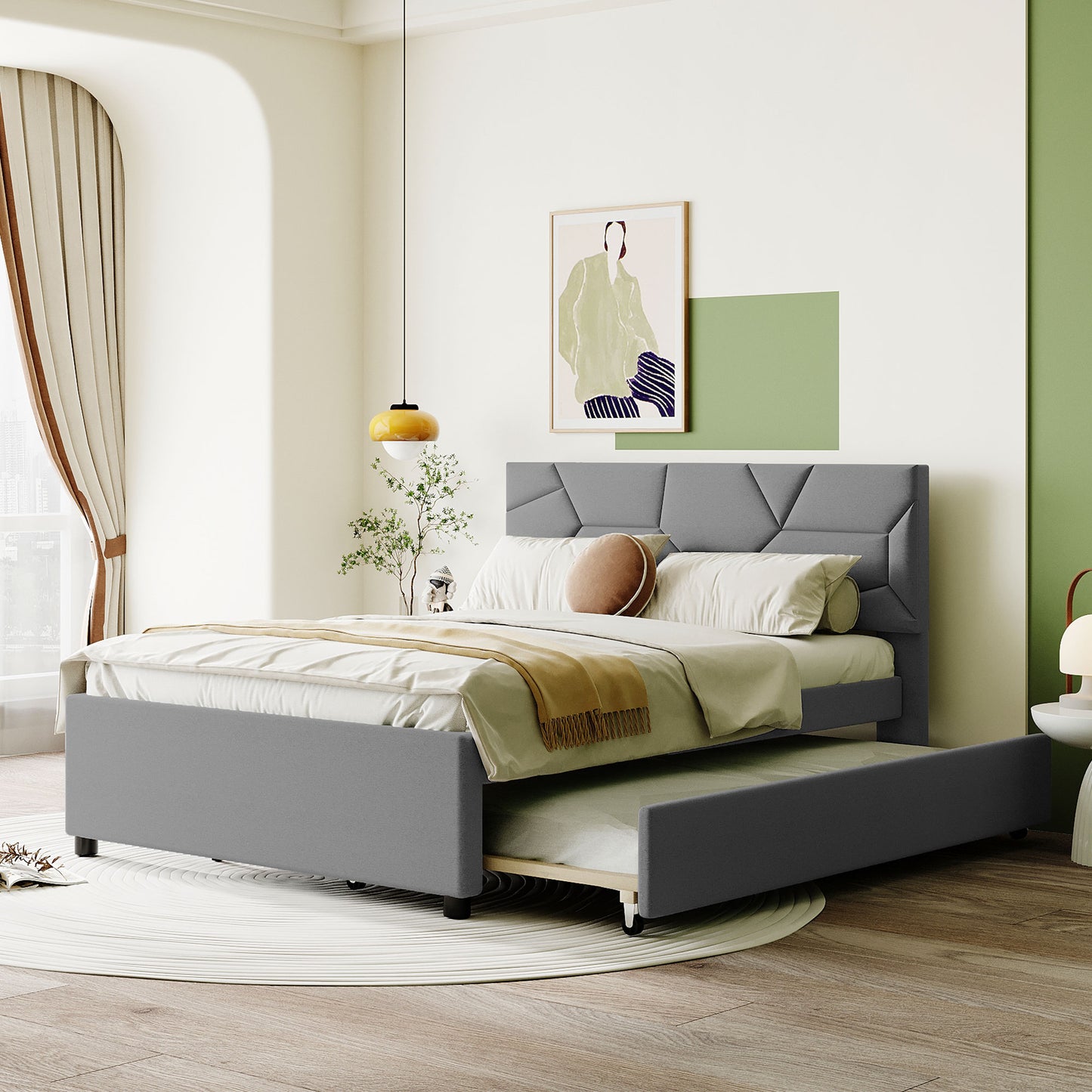 Gray upholstered bed frame with pullout trundle