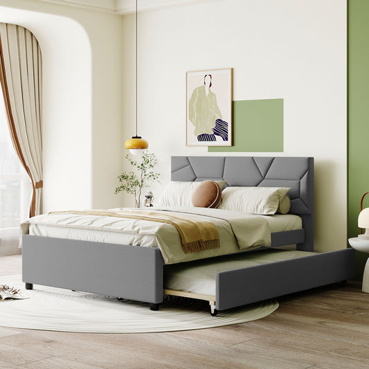 Gray upholstered bed frame with pullout trundle