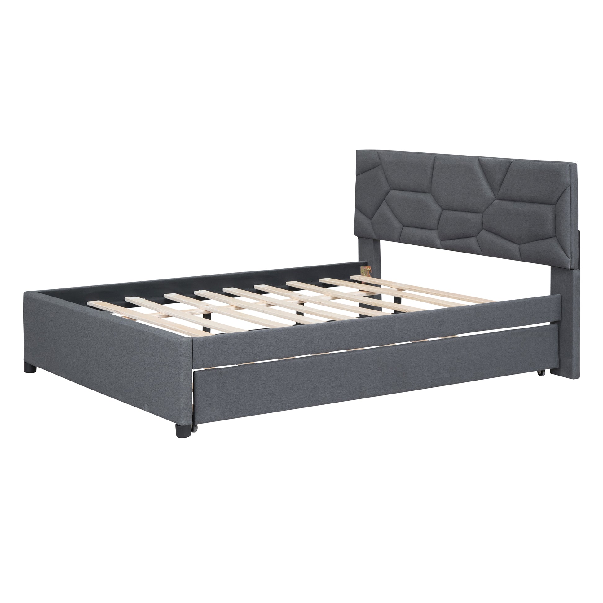Grey upholstered bed frame with geometric headboard and wooden slats