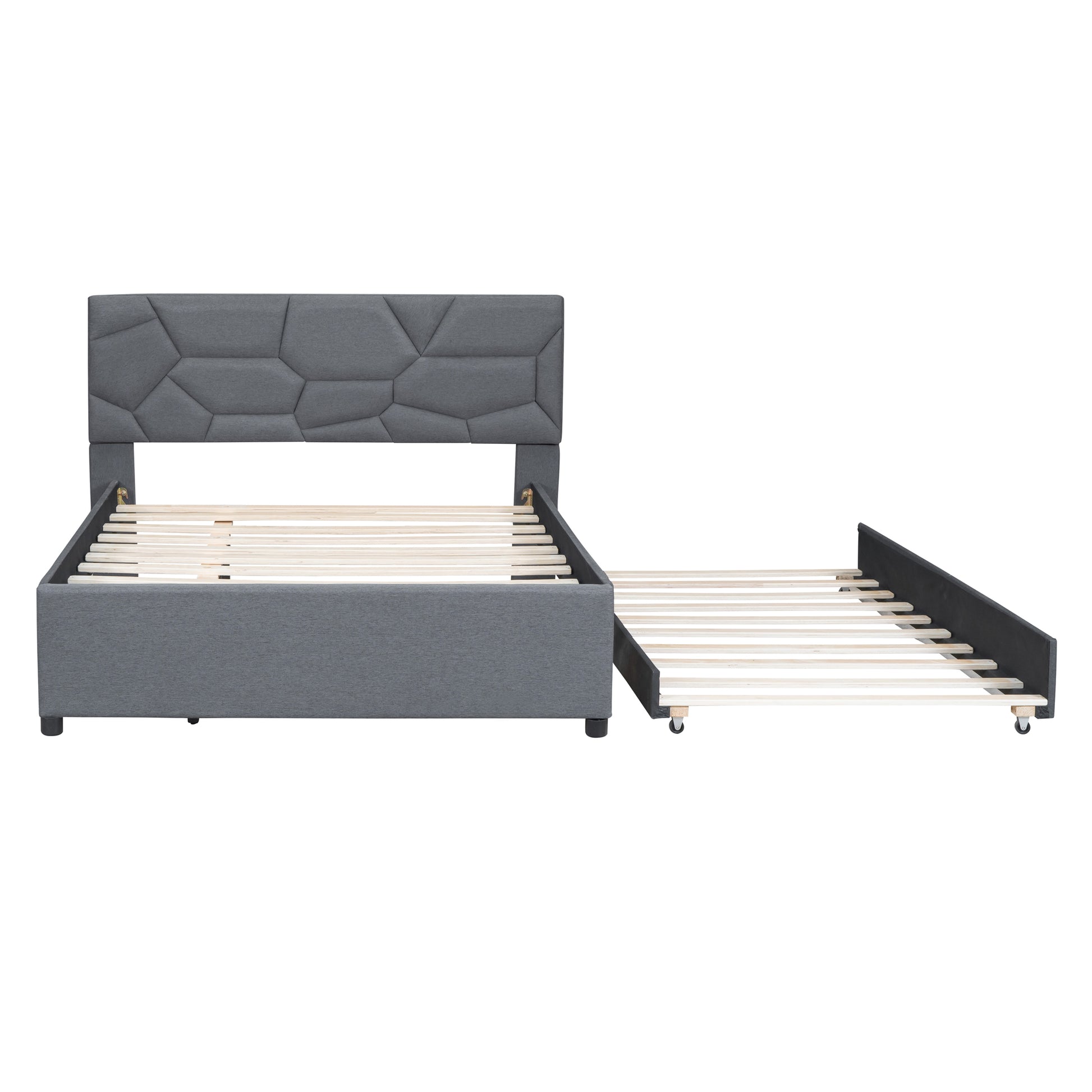 Gray upholstered bed frame with geometric headboard and pullout trundle