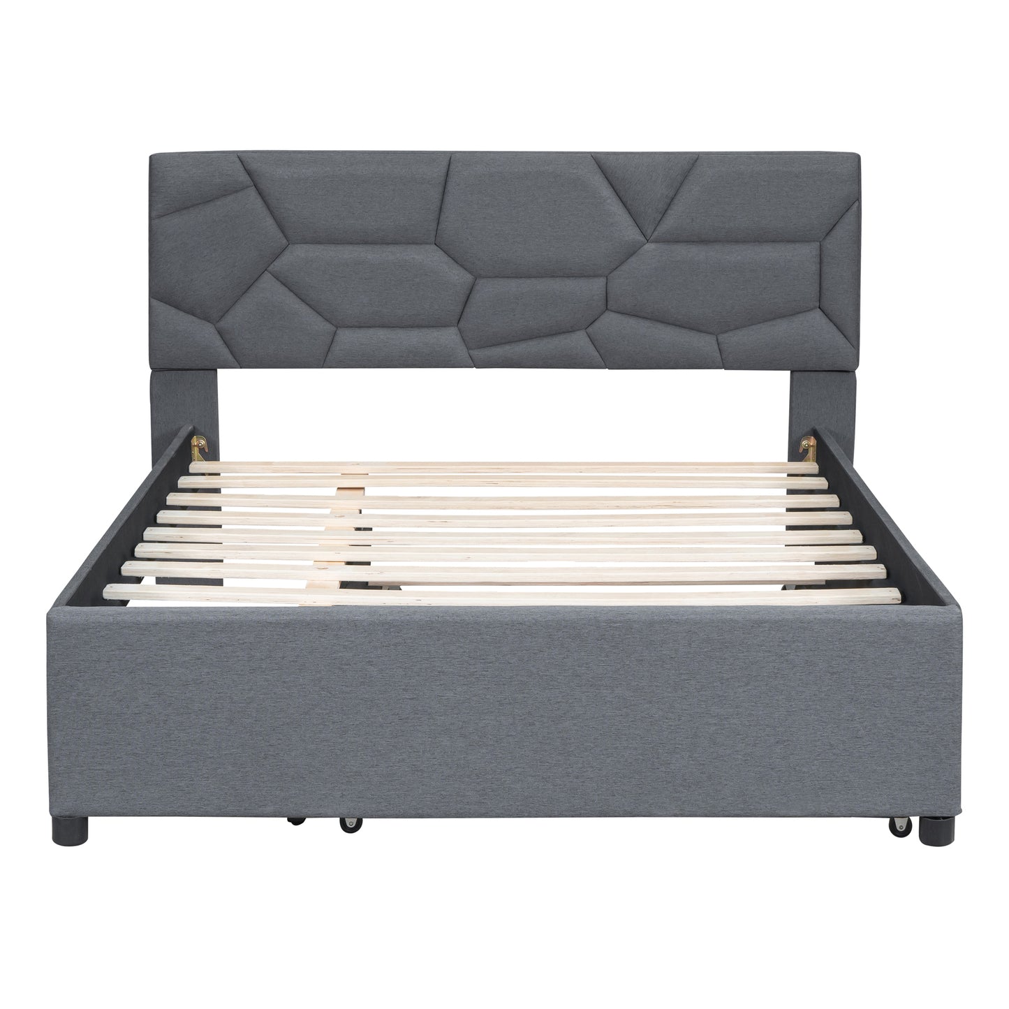 Upholstered grey bed frame with geometric headboard and wooden slats