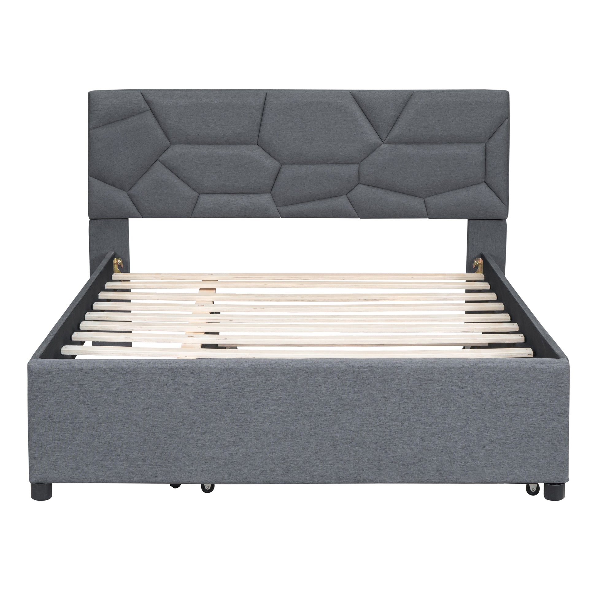 Upholstered grey bed frame with geometric headboard and wooden slats