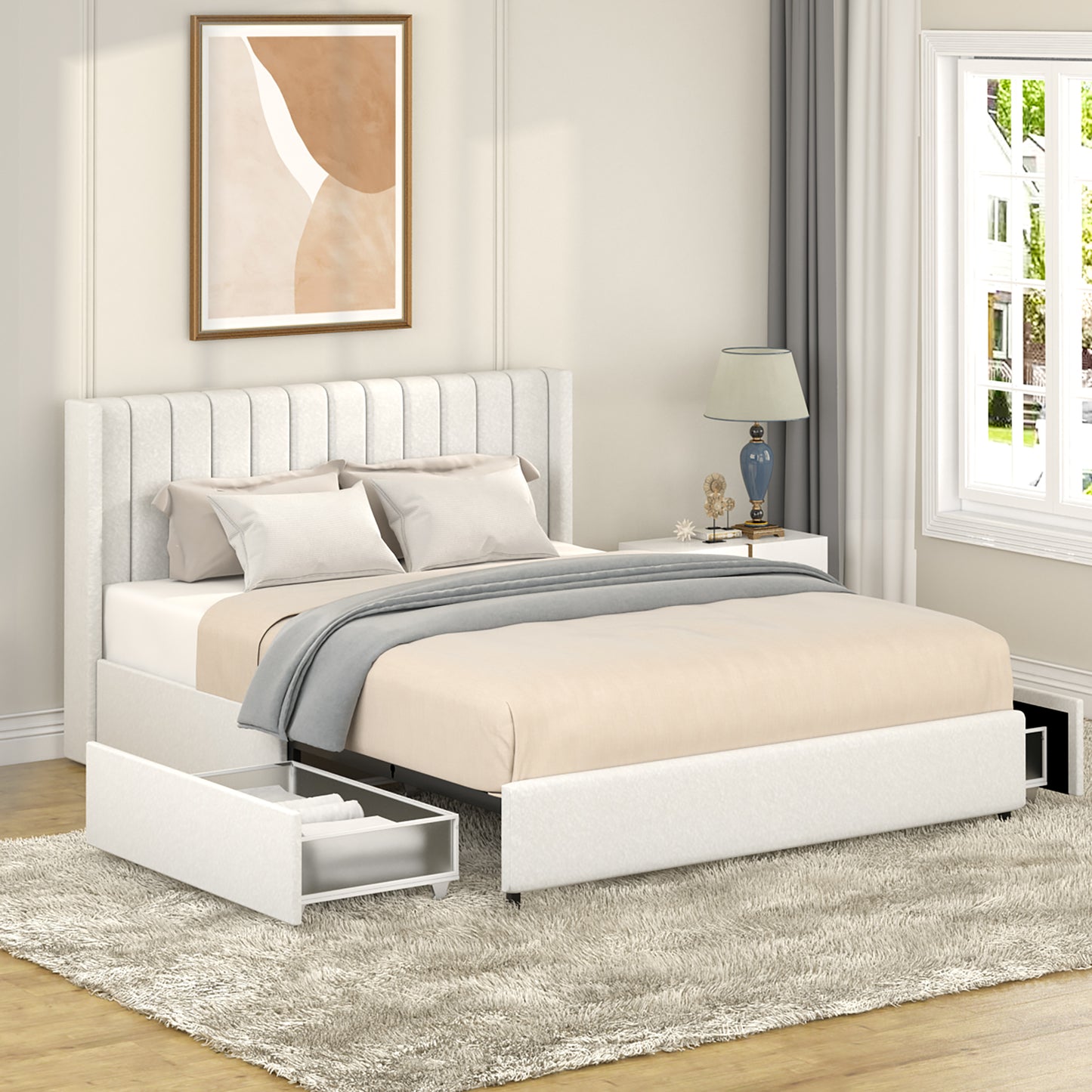 Modern white upholstered platform bed with vertical tufting on the headboard and storage drawers