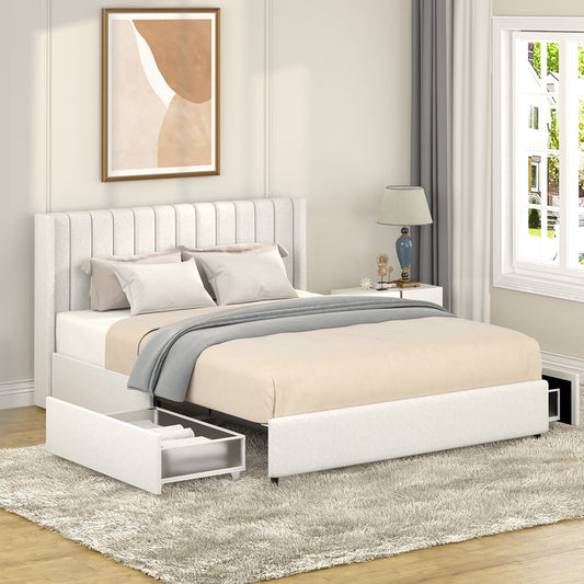 Modern white upholstered platform bed with vertical tufting on the headboard and storage drawers