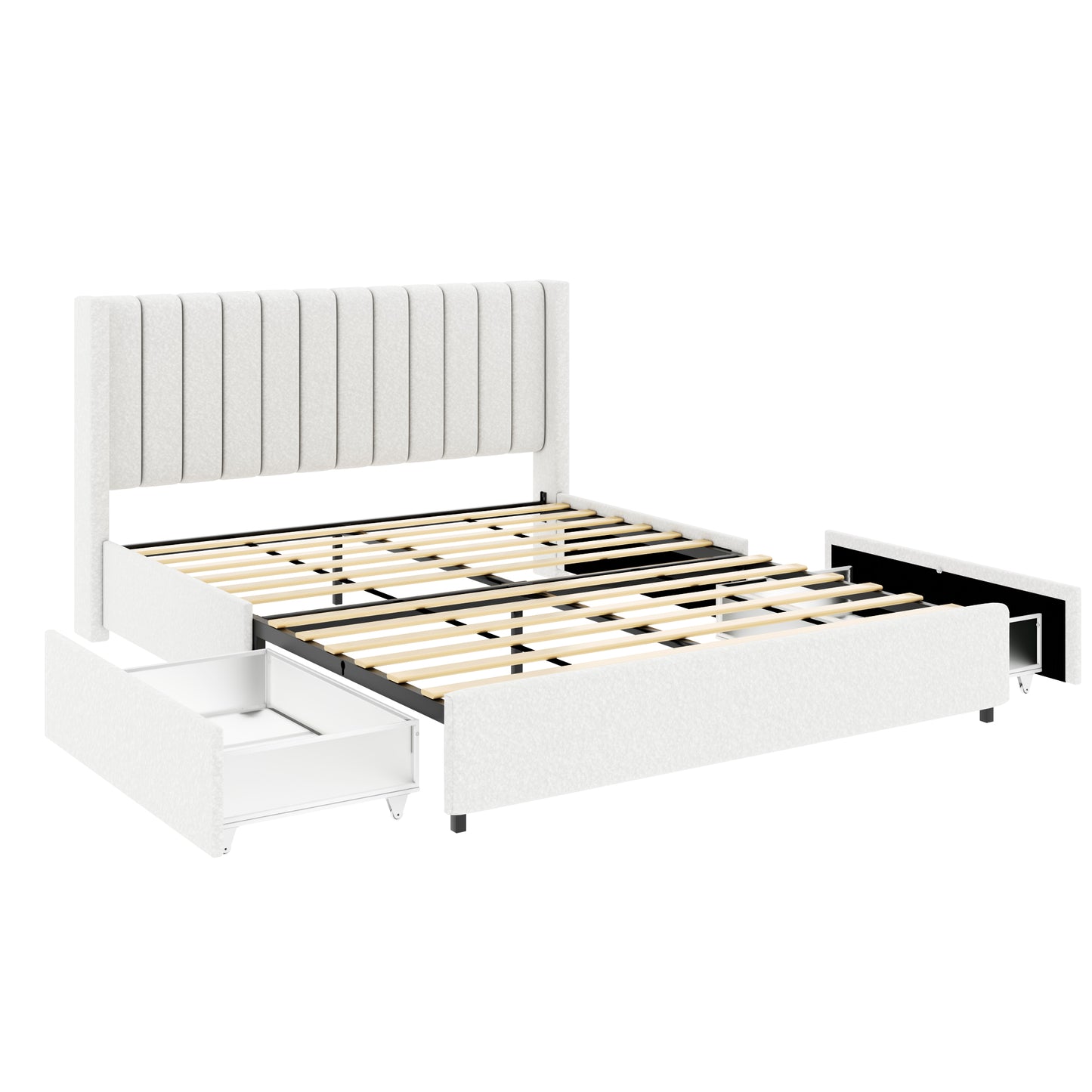 White upholstered bed frame with open storage drawers and slatted support