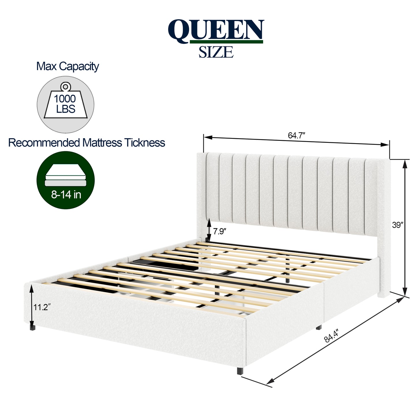 White queen size bed frame with plush vertical channel headboard lb capacity