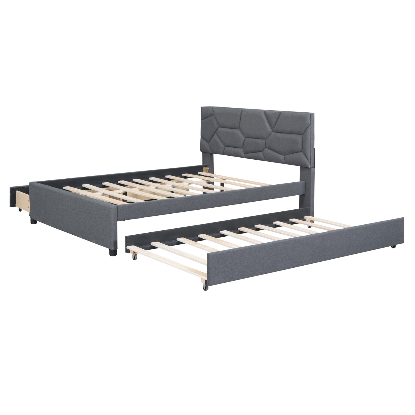 Grey fabric bed frame with pullout trundle