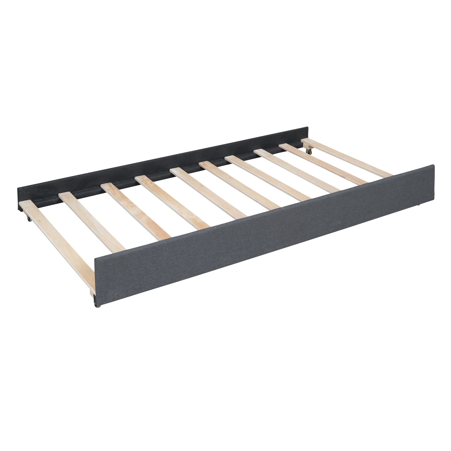 Grey upholstered trundle bed frame with wooden slats and wheels