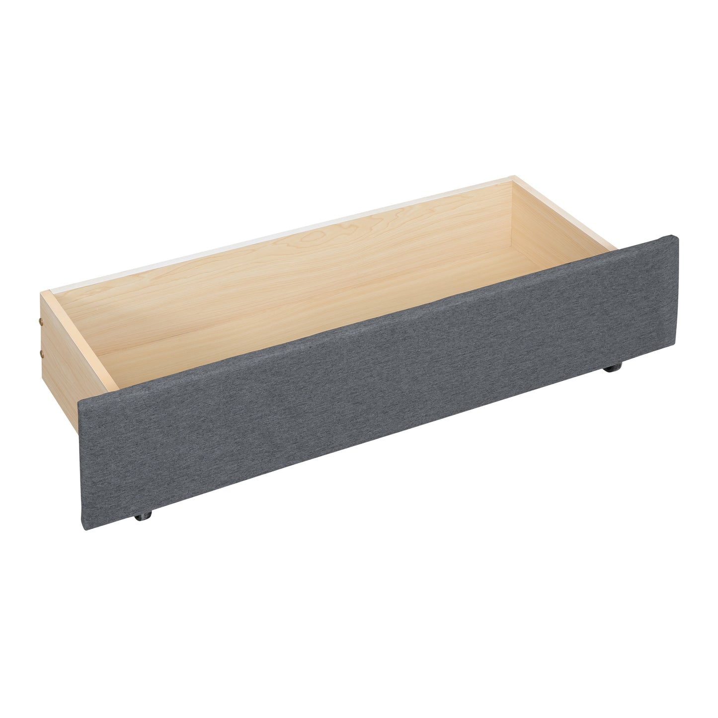 Dark grey fabric storage drawer with wooden interior and casters