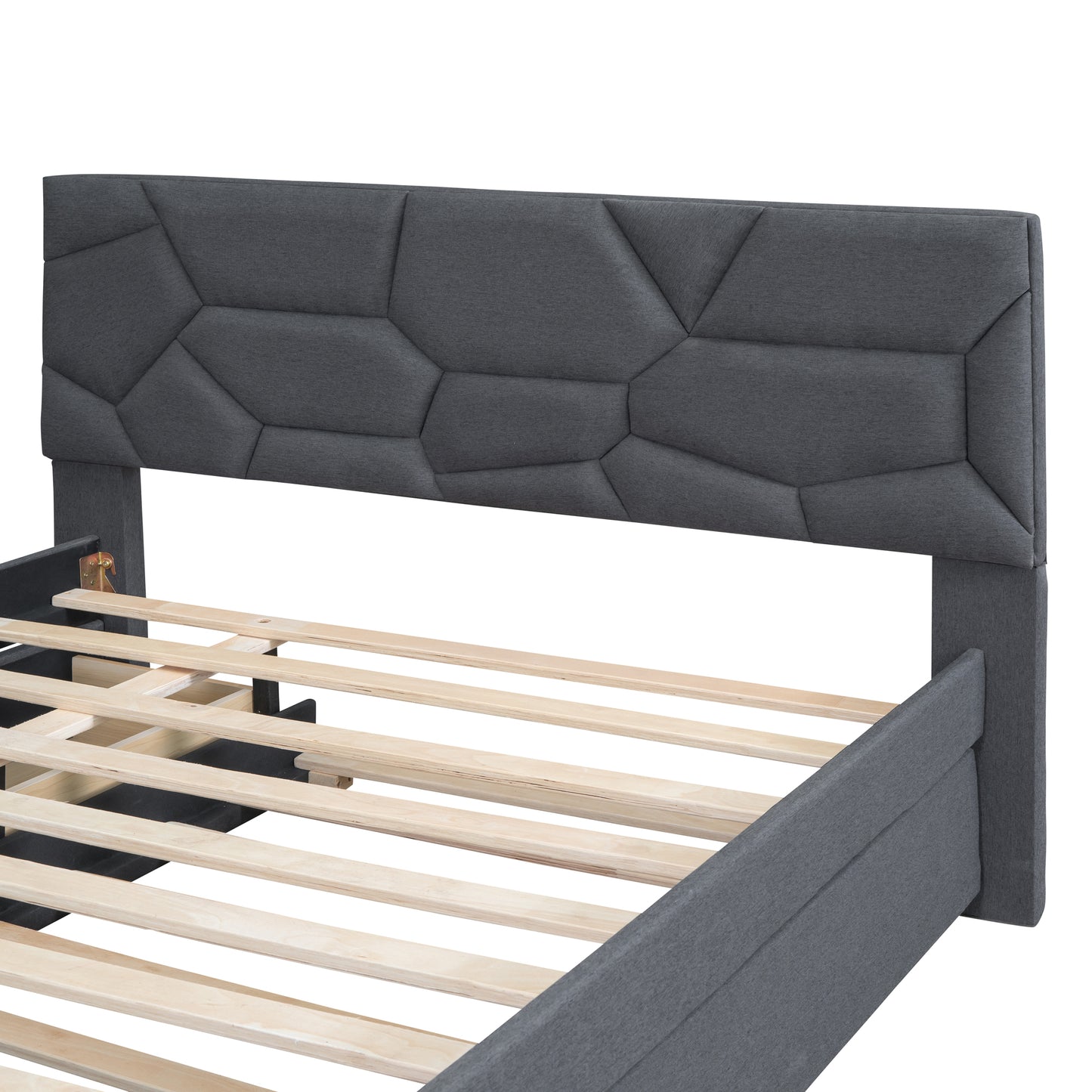 Modern grey fabric bed frame with geometric headboard and wood slats