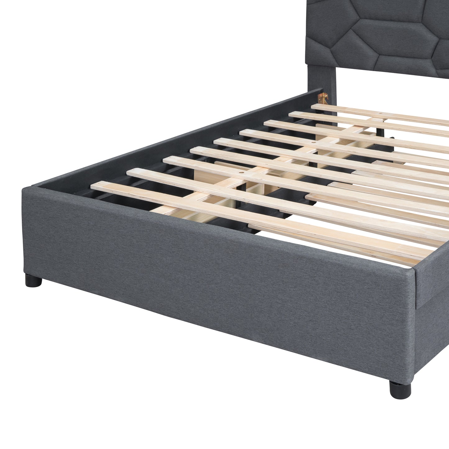 Dark grey upholstered bed frame with wooden slats for mattress support