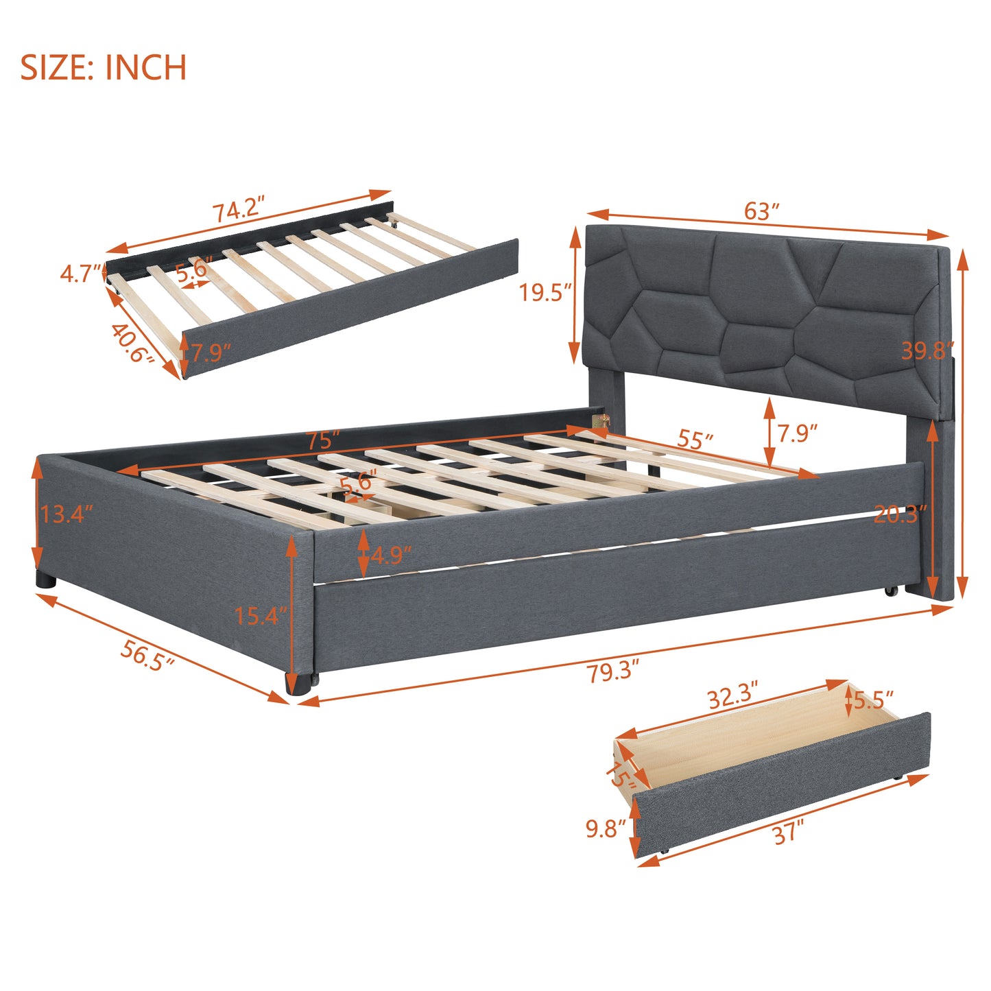 Gray upholstered bed frame with geometric headboard and integrated storage drawer dimensions shown
