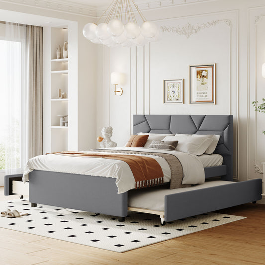 Grey upholstered twin bed with pullout trundle