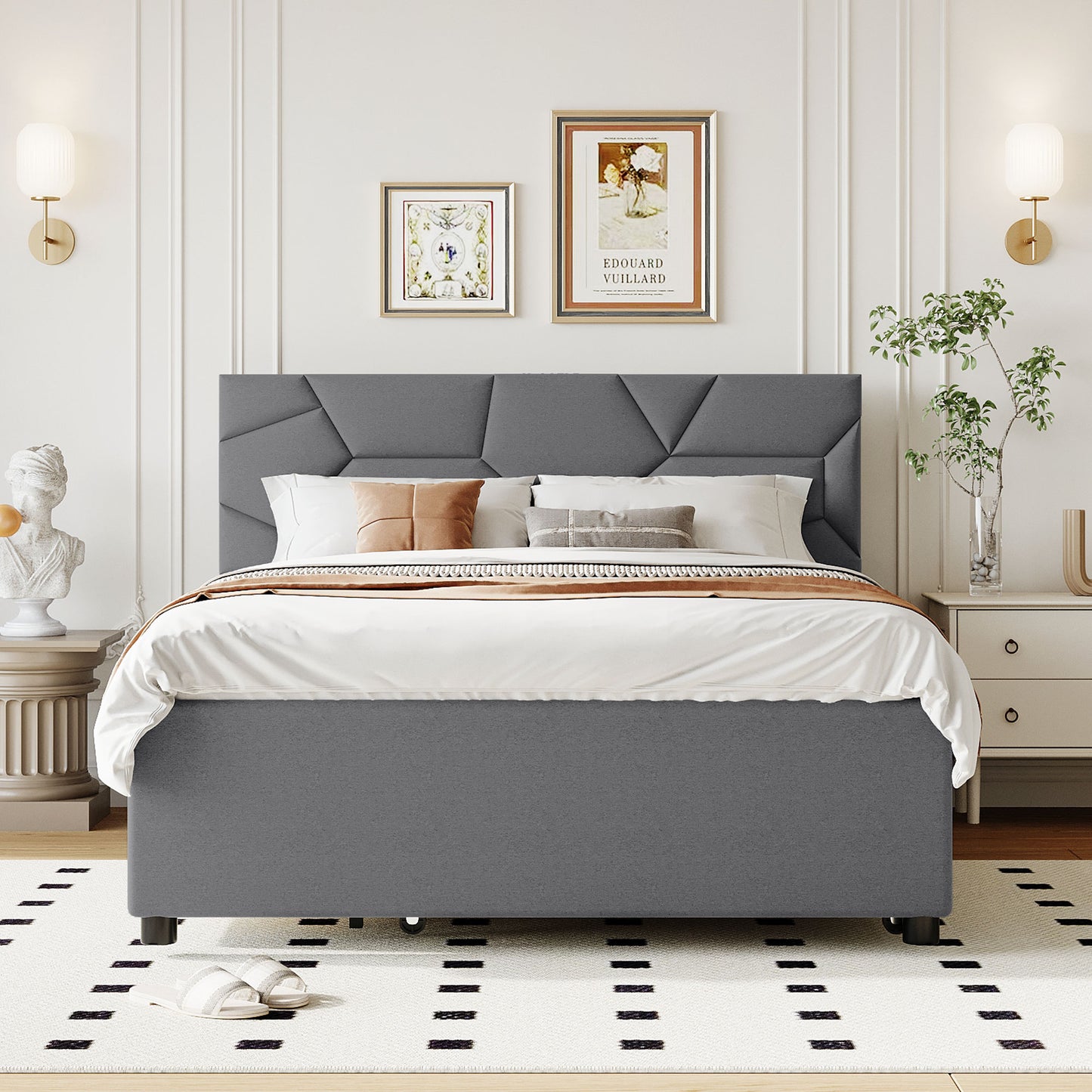 Grey upholstered platform bed with geometric headboard