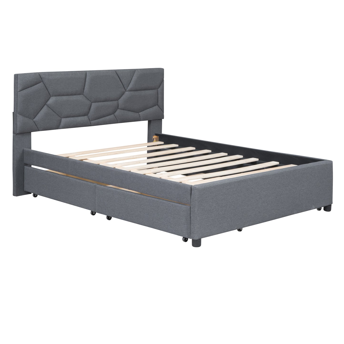 Grey upholstered bed frame with geometric headboard and storage drawers