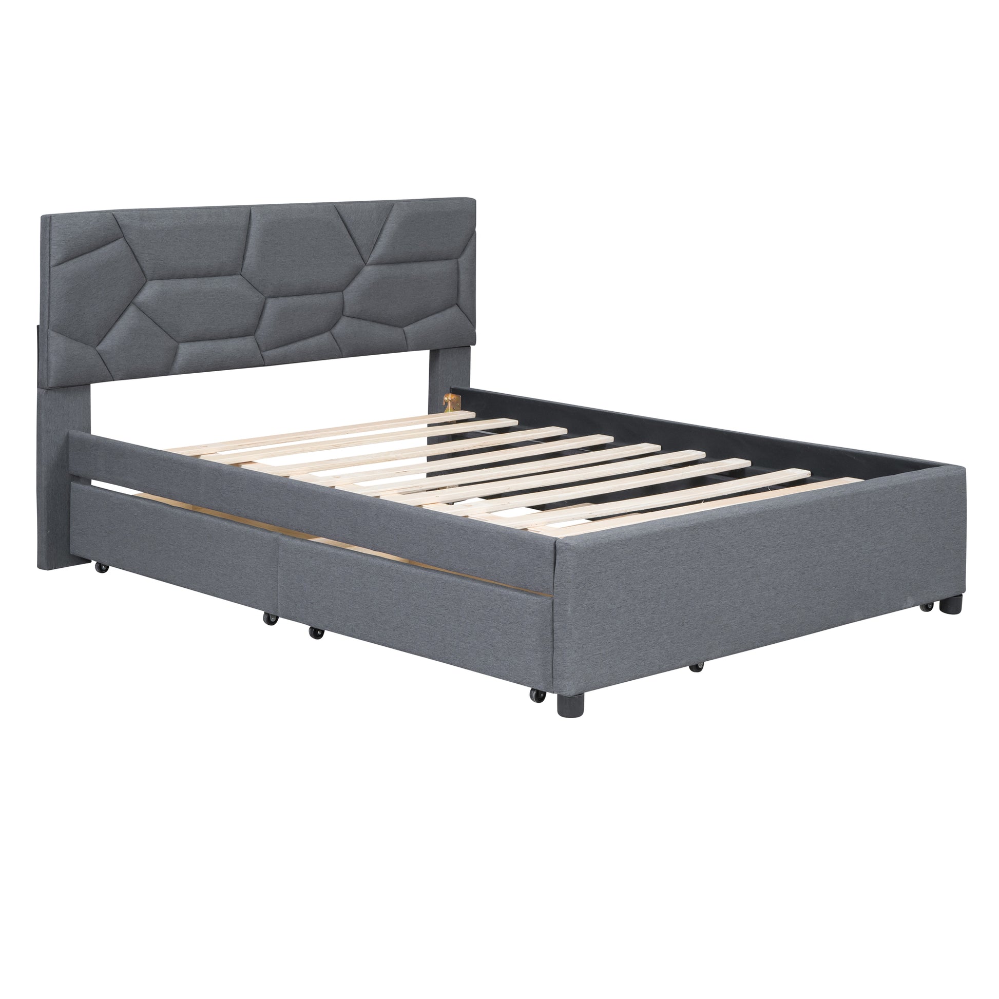 Grey upholstered bed frame with geometric headboard and storage drawers