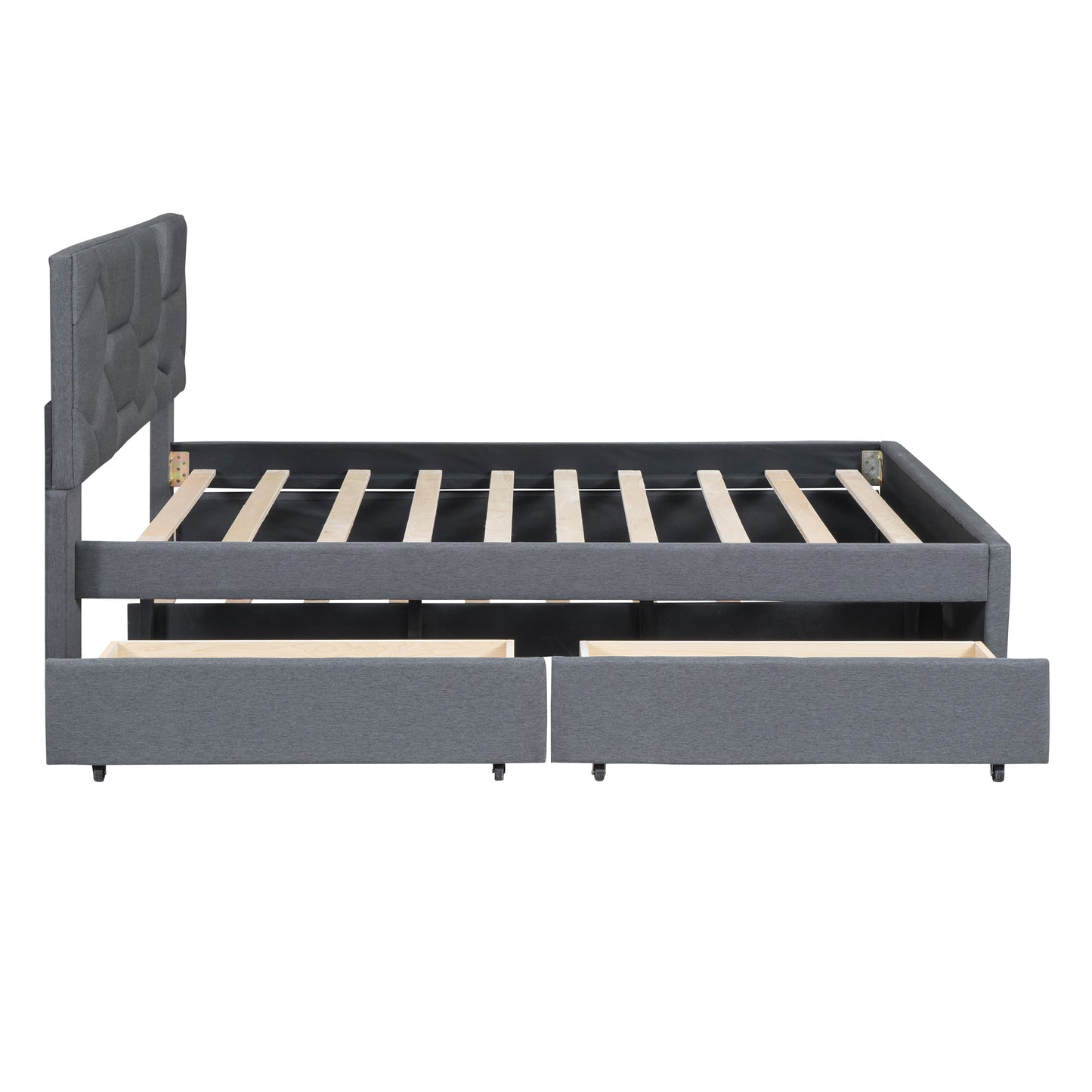 Gray fabric upholstered bed frame with headboard and two storage drawers