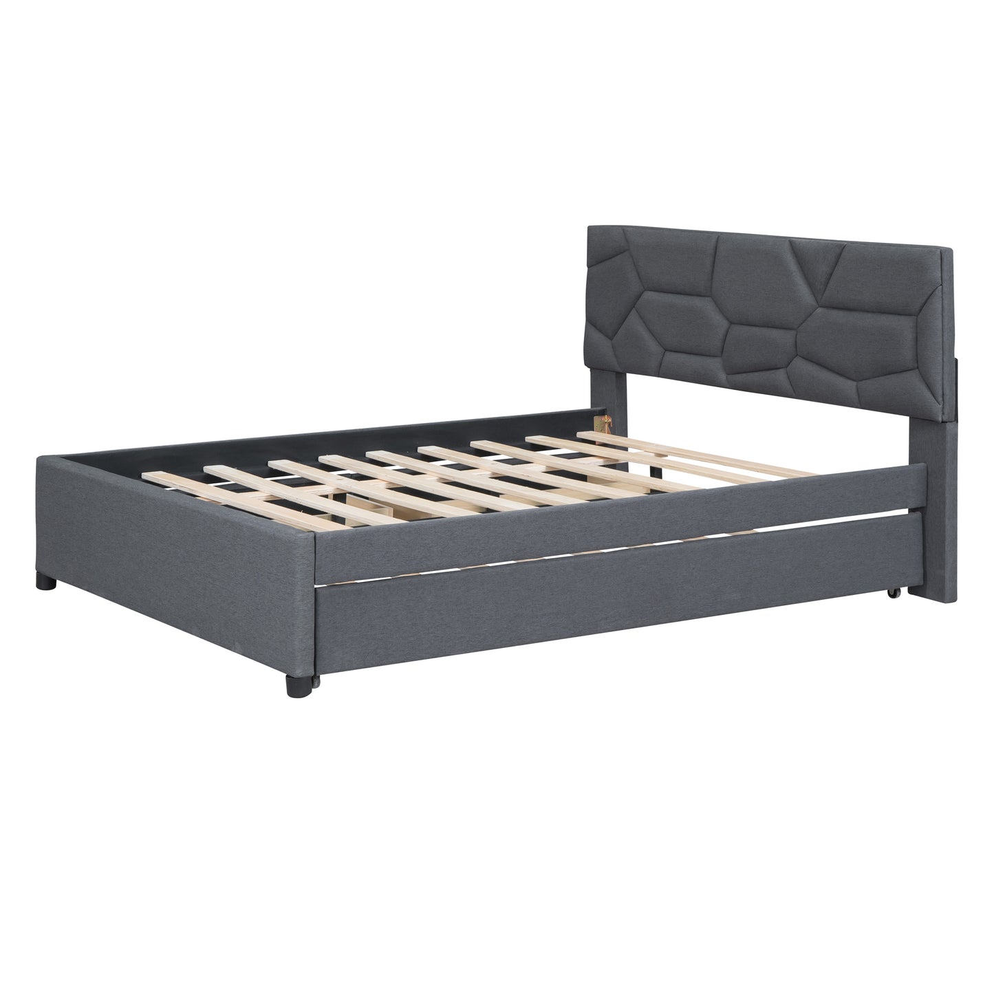 Dark grey upholstered platform bed frame with a modern geometric headboard