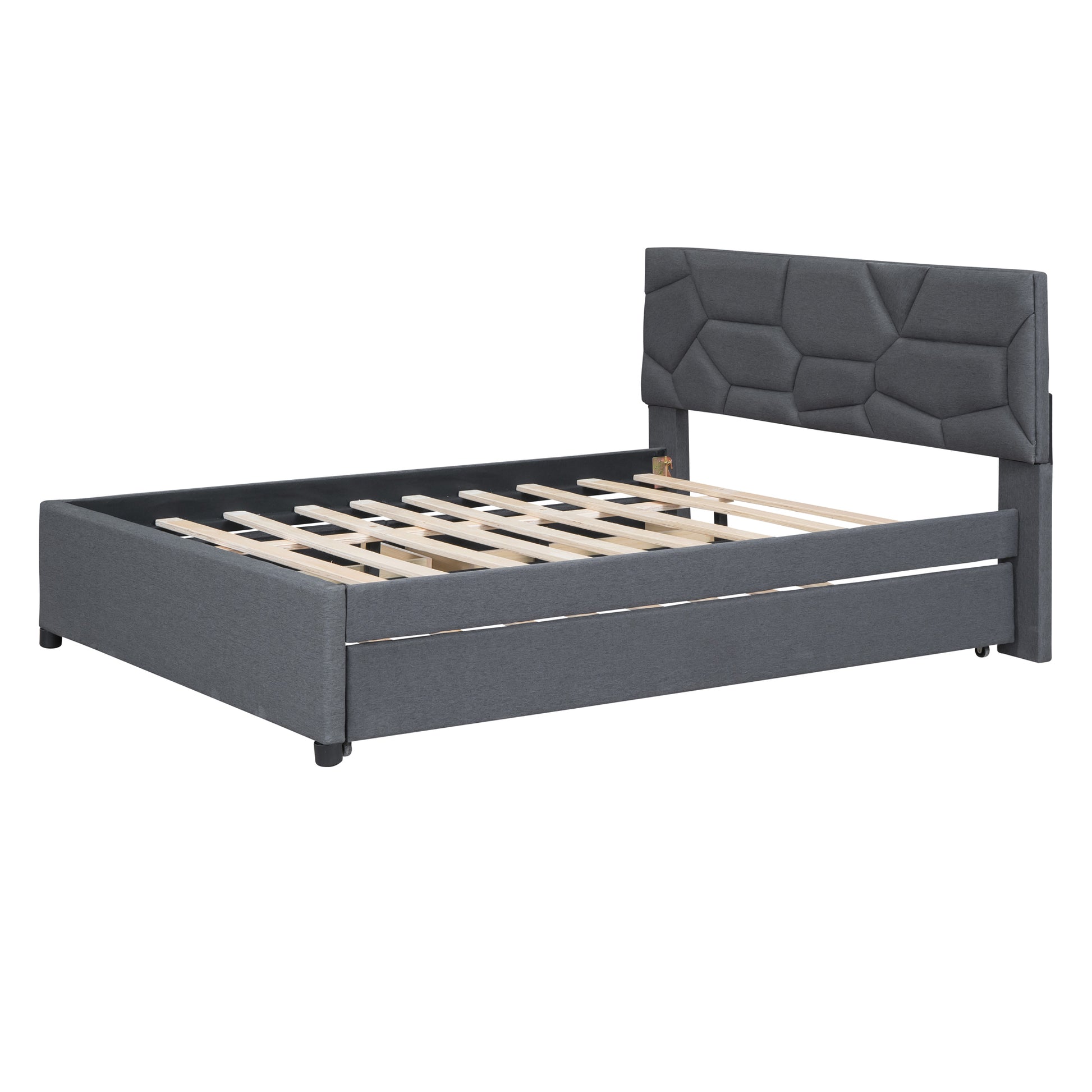 Dark grey upholstered platform bed frame with a modern geometric headboard