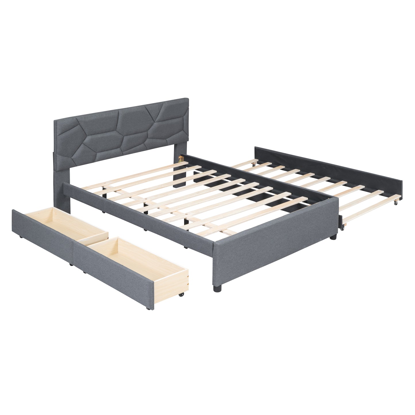 Grey upholstered queen bed frame with geometric headboard and two storage drawers