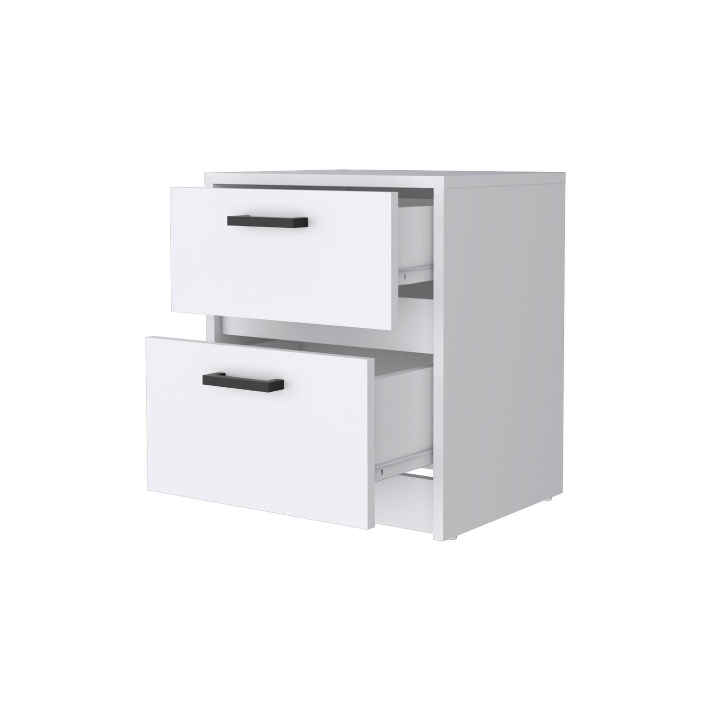 White twodrawer nightstand with black bar handles