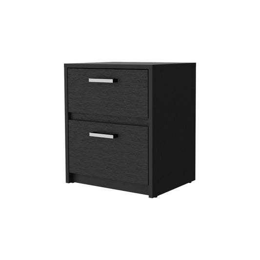 Black drawer nightstand with silver bar handles