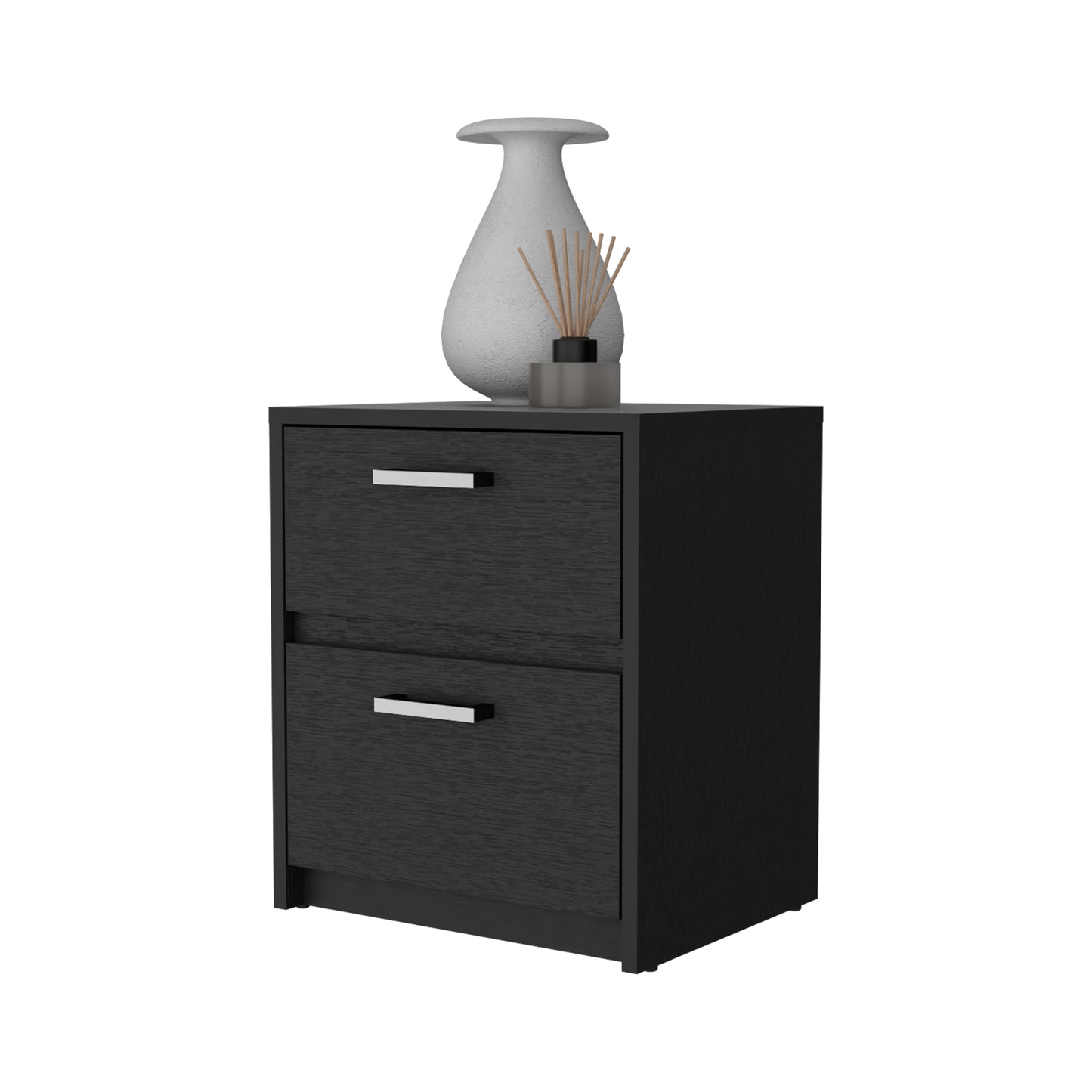 Black twodrawer nightstand with silver handles