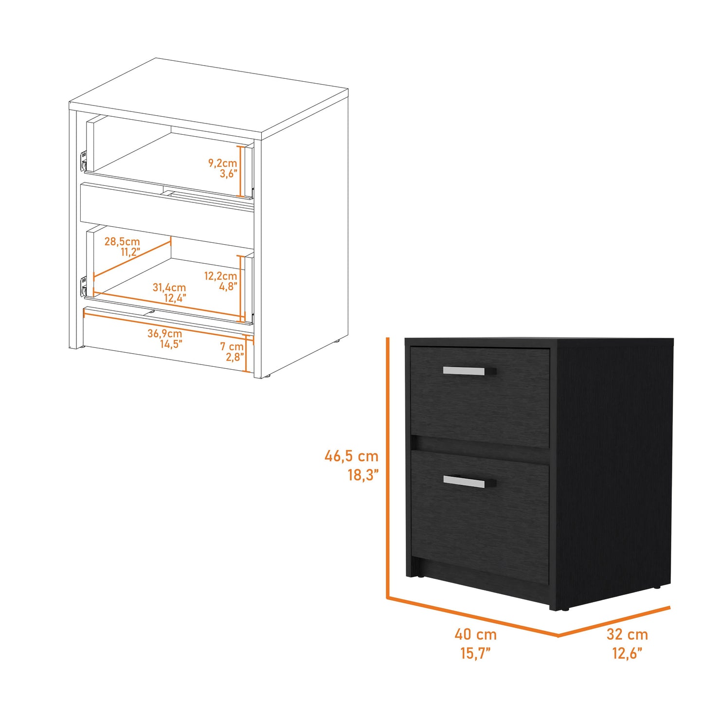 Black twodrawer nightstand with silver handles