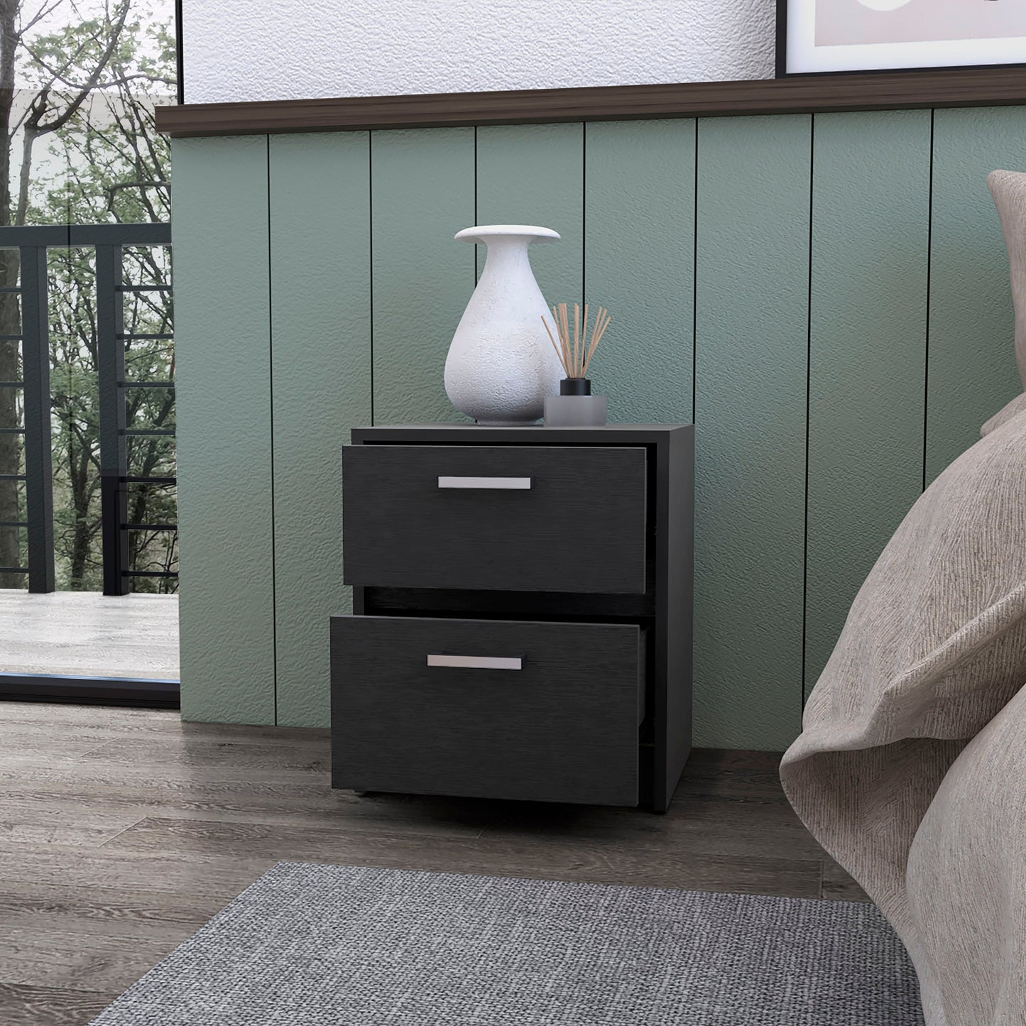 Dark grey twodrawer nightstand with silver handles