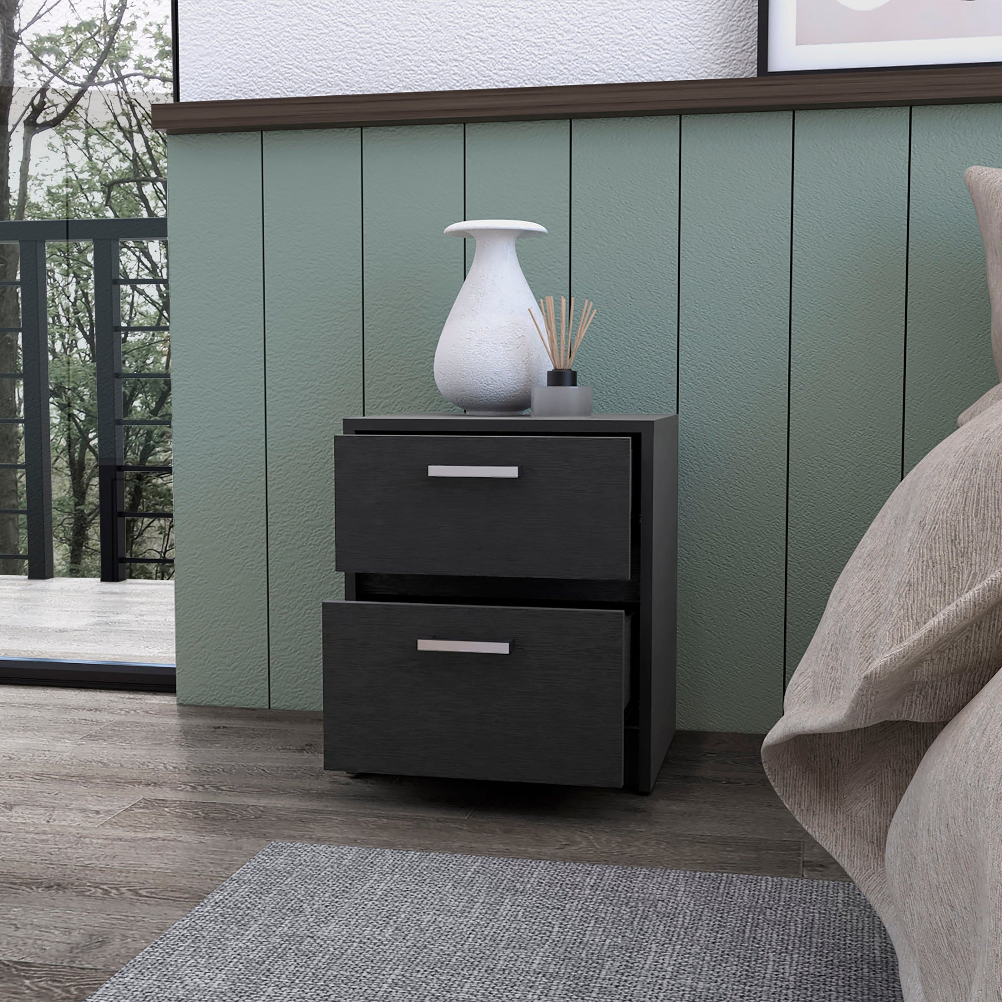 Dark grey twodrawer nightstand with silver handles